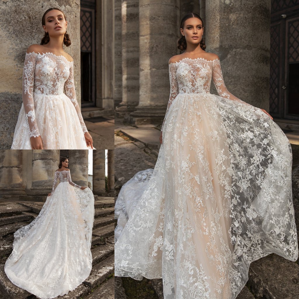 2020 New Long Sleeve Wedding Dresses Sheer Bateau Neck Lace Appliqued Bridal Gowns A Line Beach Wedding Dress