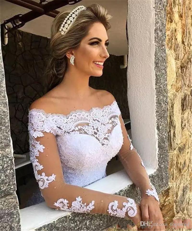 Elegant Lace New A Line Dresses Bateau Neck Long Sleeves Tulle Applique Beaded Sweep Train Wedding Bridal Gowns Vestidos De Noiva pplique