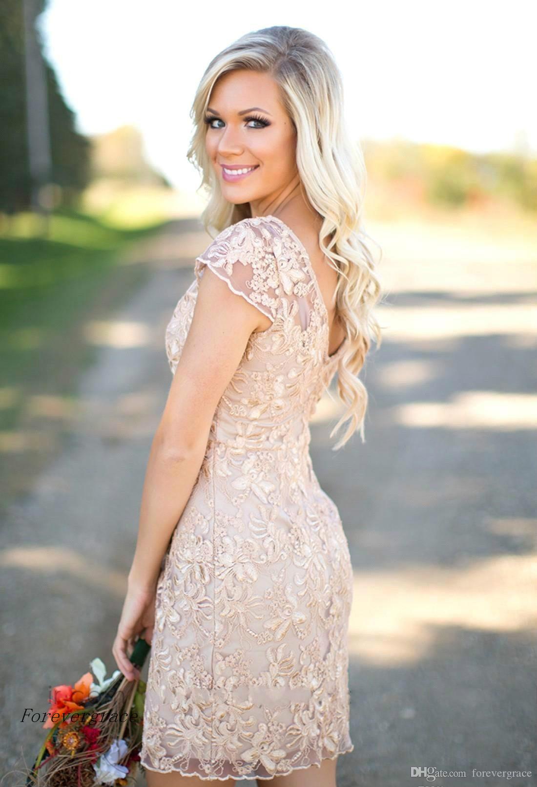 2019 Cheap Champagne Lace Bridesmaid Dress Sheath V Neck Short Summer Garden Wedding Party Guest Maid of Honor Gown Plus Size Custom Made