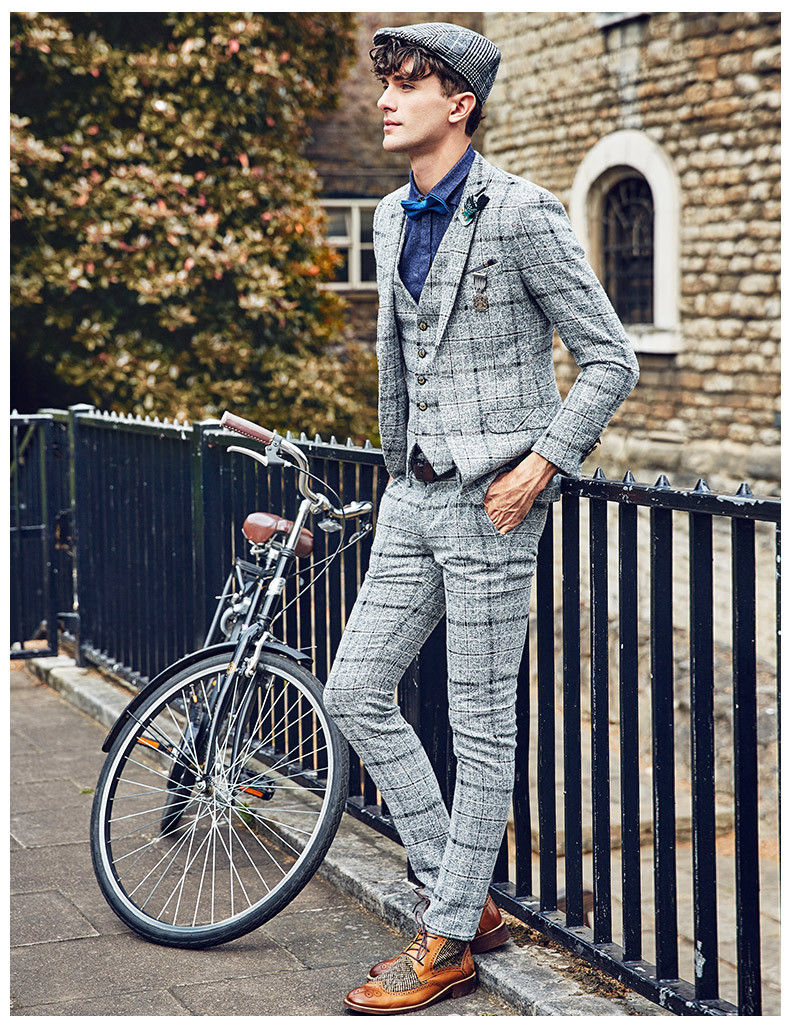 Men's Vintage Leisure 3pcs Tweed Wool Checked Party Wedding Formal Suits Hot Selg Custom Made