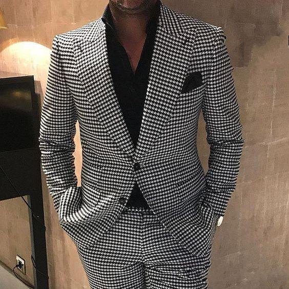 New Fashion Two Buttons Houndstooth Groom Tuxedos Peak Lapel Men Suits Wedding/Prom/Dinner Best Man Blazer (Jacket+Pants+Tie) W373