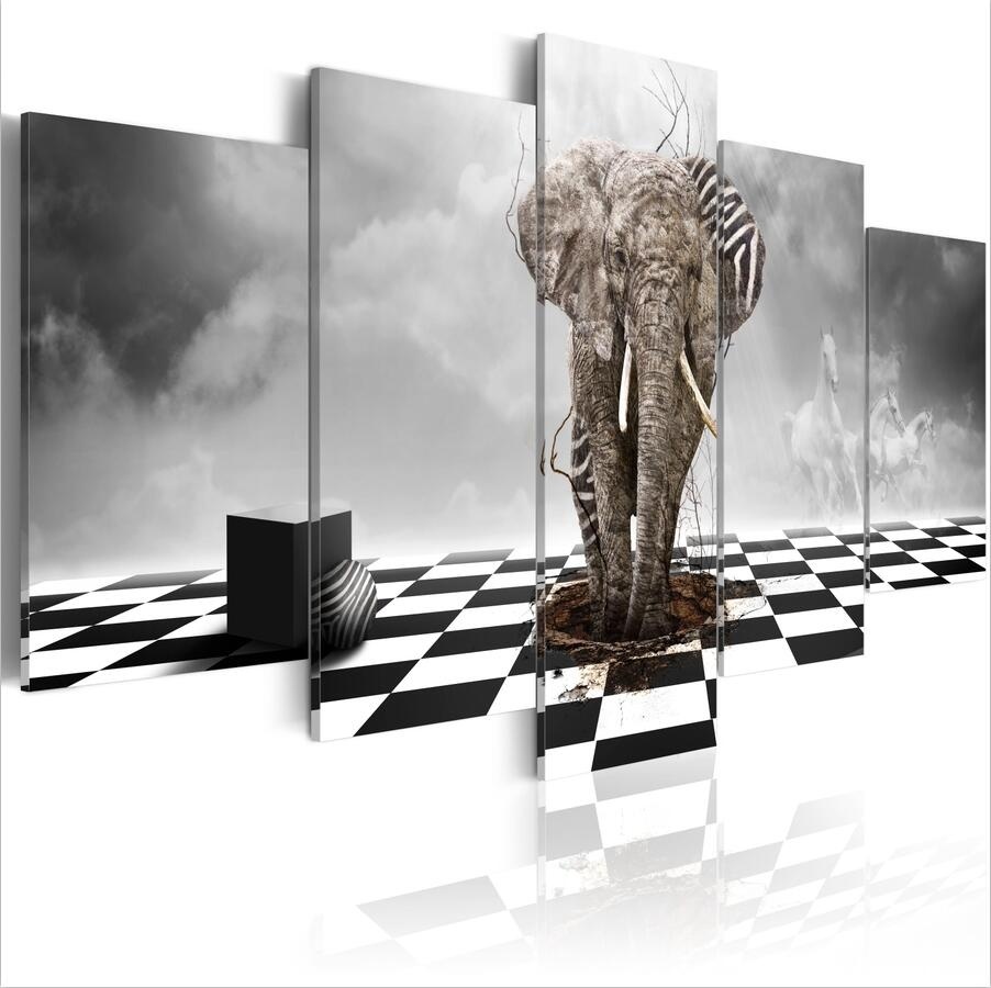 ( No Frame)5PCS/Set Modern Landscape Animal Heavy Elephant Art Print Frameless Canvas Painting Wall Picture Home Decoration