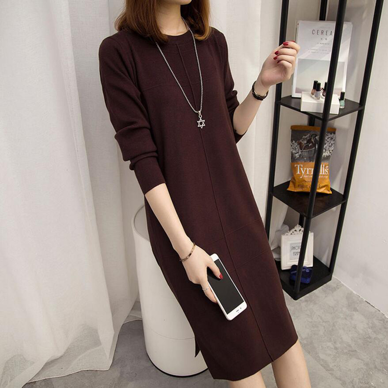 Women's Autumn Winter Slim Sweater Dress 2019 Solid Thick Dress Round Neck Long Sleeve Knit Dress Female LJ0711 T200416