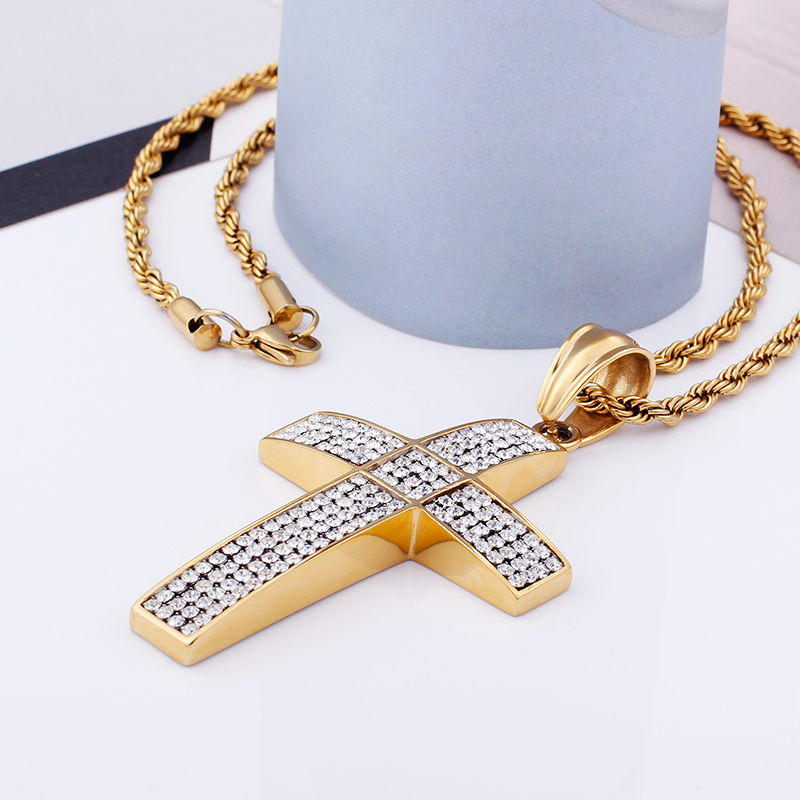 Men Hip Hop Cross Pendants Necklace 316L Stainless Steel Full Cubic Zirconia Setting 18K Gold Plated Jewelry