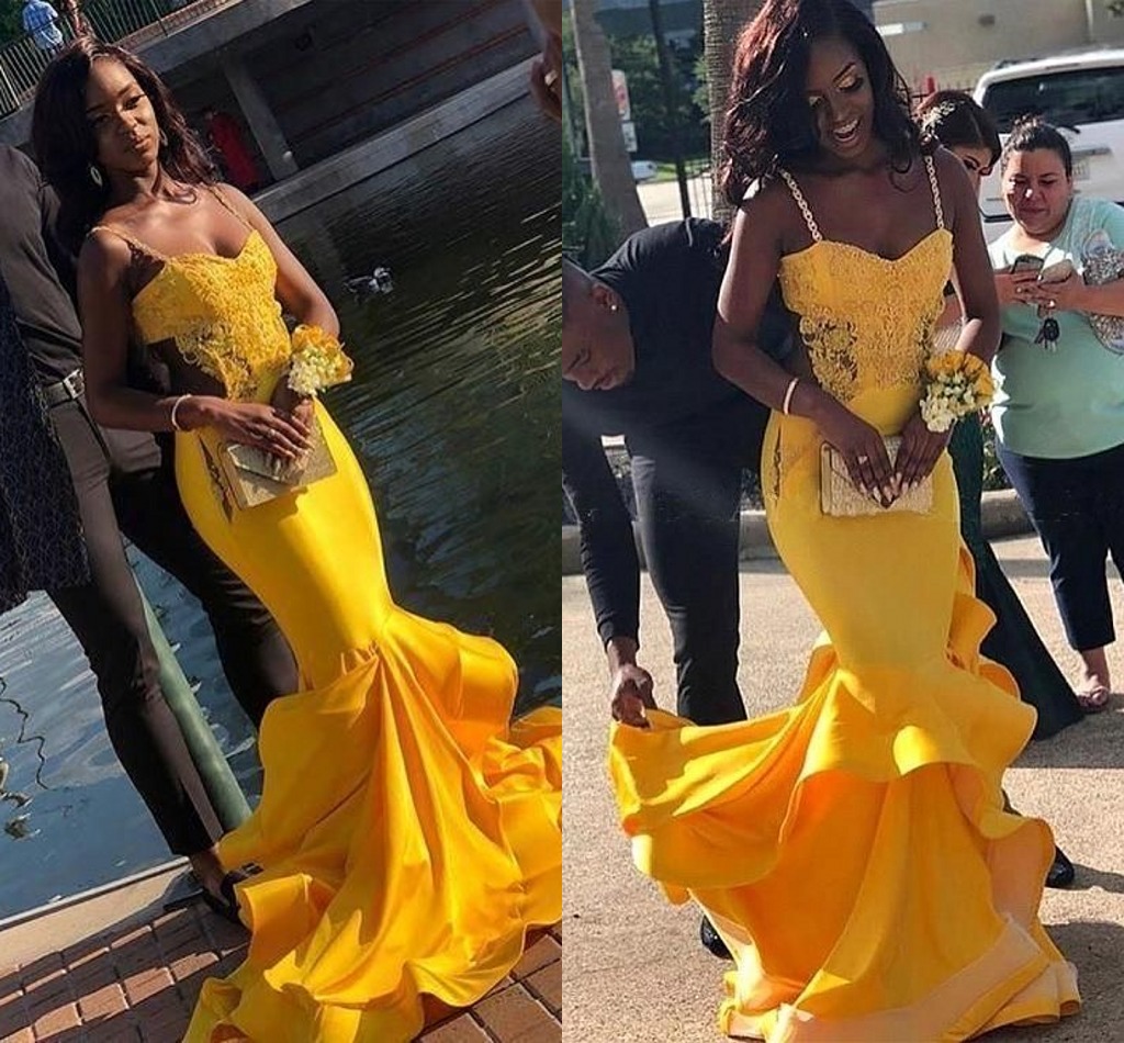 Yellow Mermaid Prom Dresses 2021 African Lace Appliqued Sweep Train Formal Evening Gowns Sexy Spaghetti Straps Ruched Party Dress AL3605, Grape
Yellow Mermaid Prom Dresses 2021 African Lace Appliqued Sweep Train Formal Evening Gowns Sexy Spaghetti Straps Ruched Party Dress AL3605, Grape