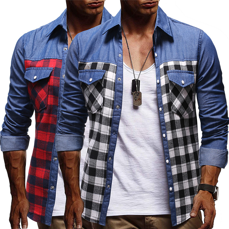 Men Denim Shirt Plaid Patchwork Washed Button Up Denim Cargo Pocket Turn Down Collar Top Blouse Long Sleeve Streetwear, Red
Men Denim Shirt Plaid Patchwork Washed Button Up Denim Cargo Pocket Turn Down Collar Top Blouse Long Sleeve Streetwear, Red
