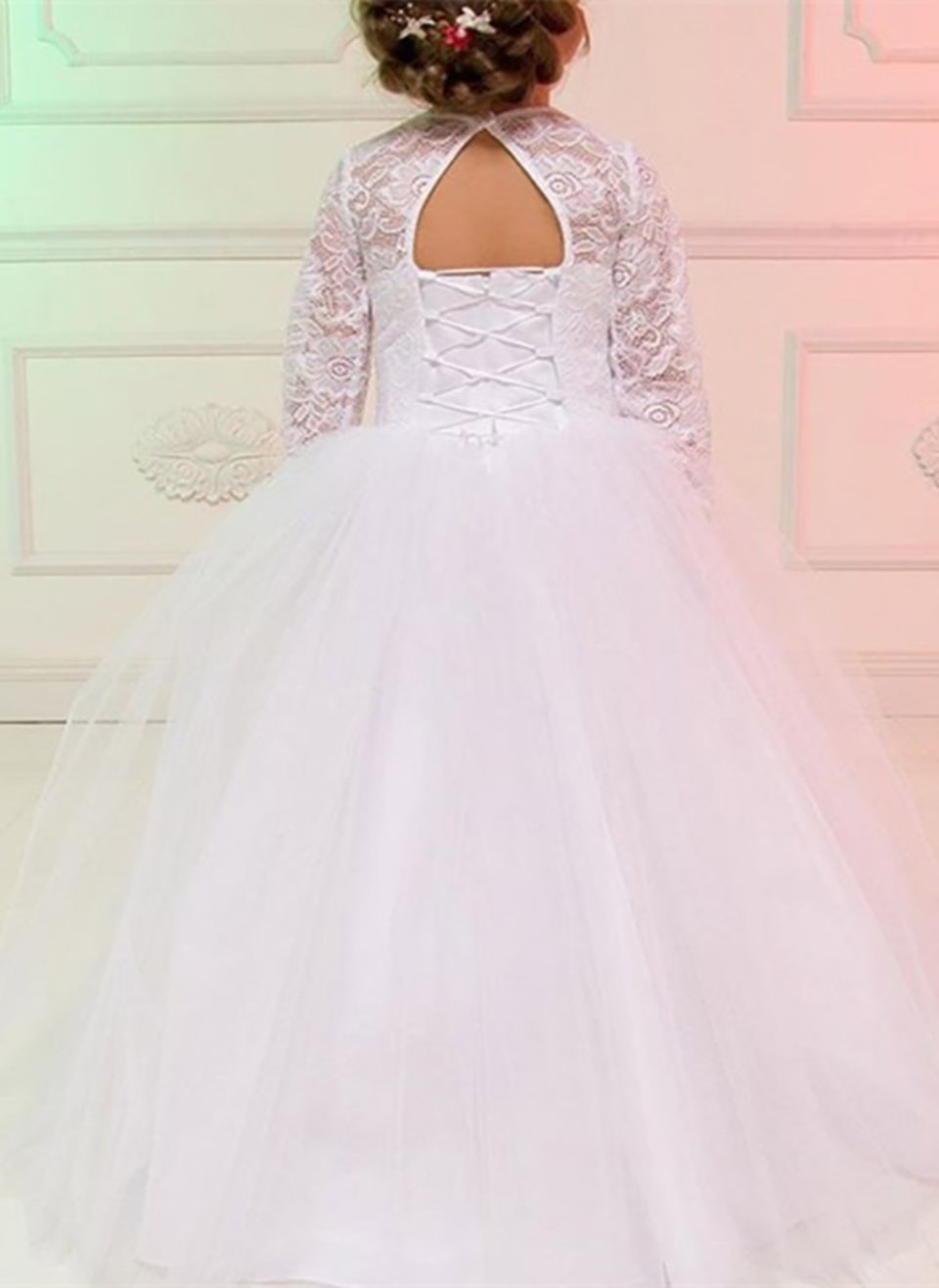 Wedding Party Events Kids Formal Wear White Tulle Gown Flower Girls Dresses Long Sleeve Child Communion Dresses Robe