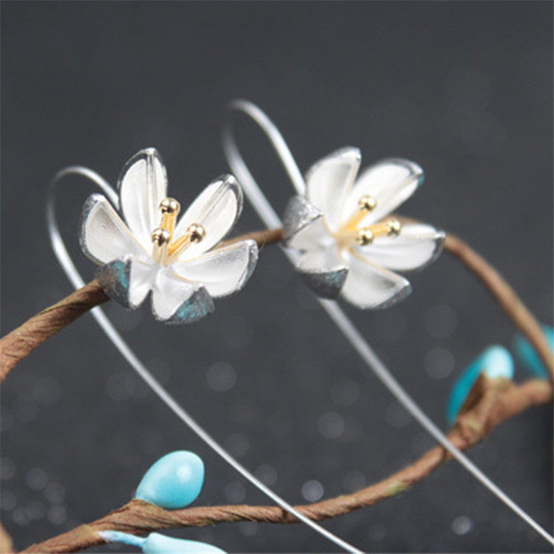 Authentic 925 Sterling Silver Flower Long Tassel Earrings For Women Thai Silver Drop Earring Lady Sterling-Silver-Jewelry