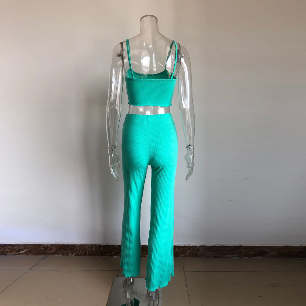KGFIGU Ribbed two piece set 2019 Summer crop tops and wide leg pants casual knitting matching sets womens clothing T200116