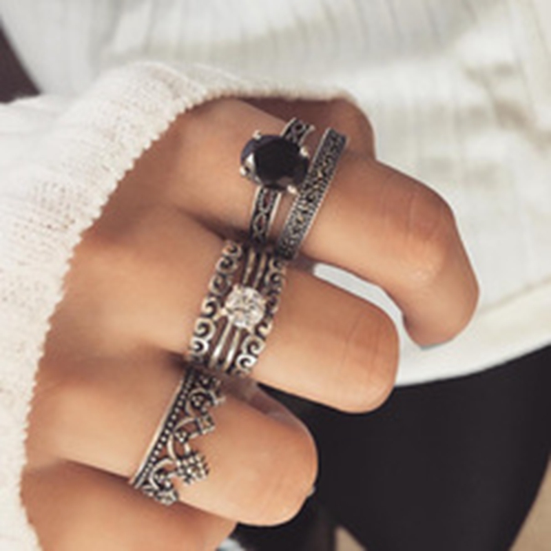 Silver vintage carved openwork palm heart shaped opal crown leaf joint ring 16 piece set ladies