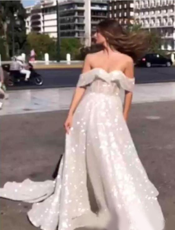 2020 Sparkly Sequined Tulle Arabic Wedding Dresses Glitter Glued Lace Off the Shoulder A Line Puffy Bride Gowns Engagement Chapel Train