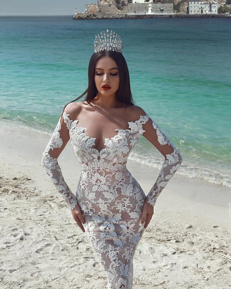 Gorgeous Mermaid Wedding Dresses With Detachable Train Off Shoulder Lace Long Sleeve Bridal Gowns Plus Size Beach Wedding Dress