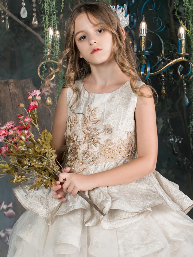 Luxury Girls Pageant Dresses Lace Appliqued Pearls High Low Tiered Skirts Flower Girl Dresses 2019 Princess Birthday Party Gowns Custom Made