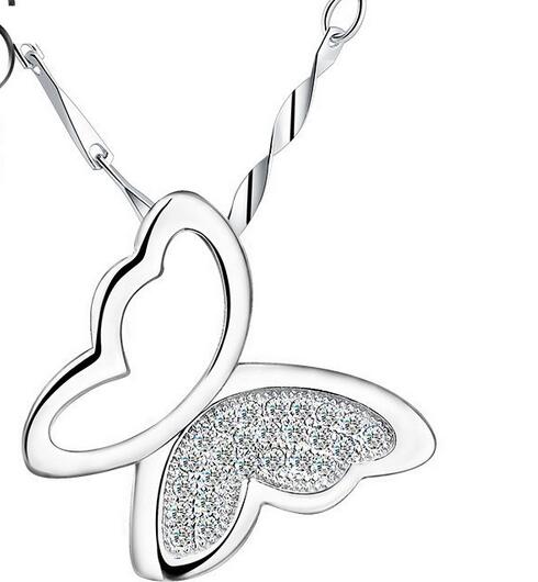 Fashion-Sterling Silver Plated Butterfly Pendant Necklace Charms Animal Bohemian Statement Crystal Pendant Jewelry For Women Christmas Gift