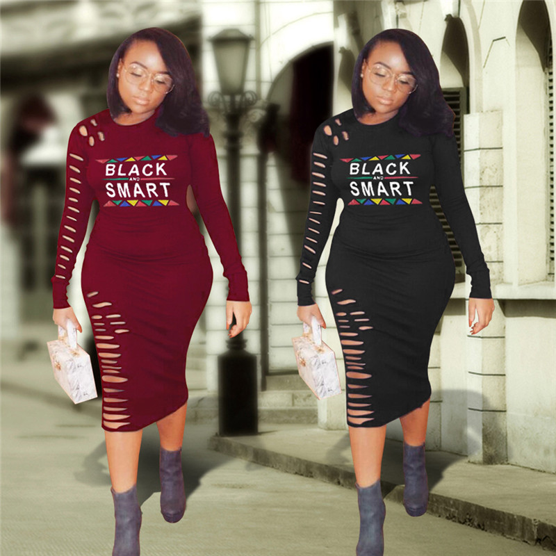 

Women Black Smart Letter Dress Long SLeeve Ripped Bodycon Ripped Holes Rips Dresses Clubwear Fashion Ladies Skirt S-2xl Plus Size A3205, Burgundy