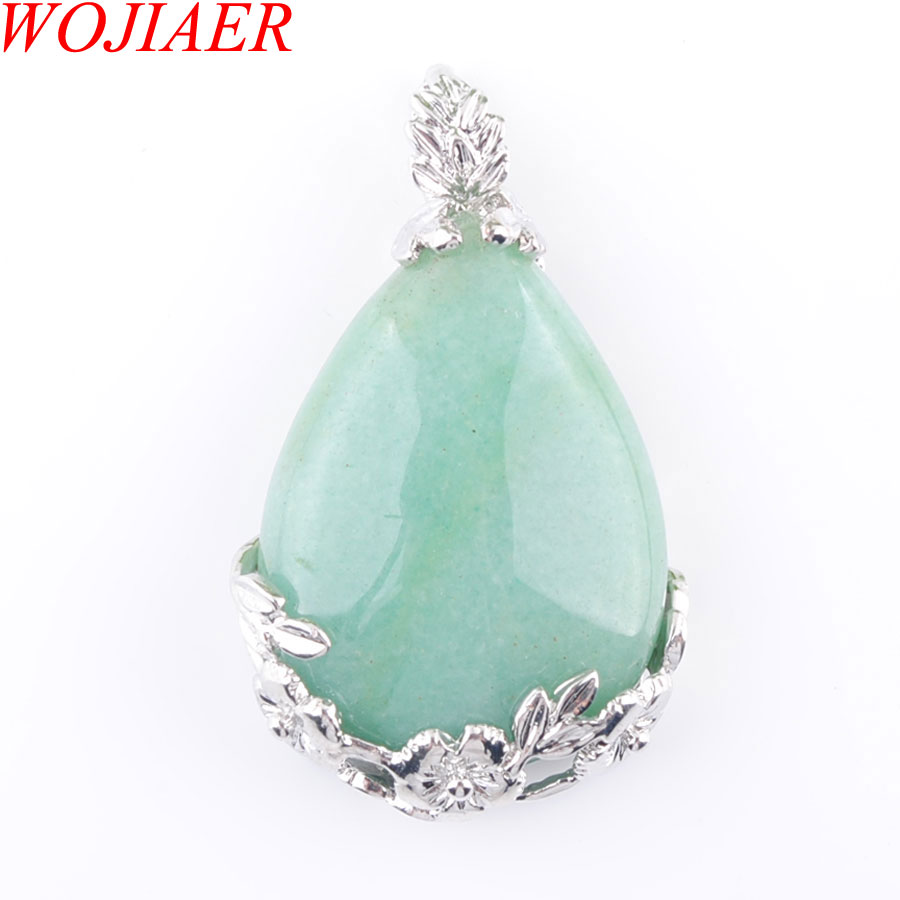 WOJIAER Men Woman Jewelry Reiki Chakra Pendant Natural Tigers Eye Opal Gem Stone Water Drop Silver Plated Bead DBN350