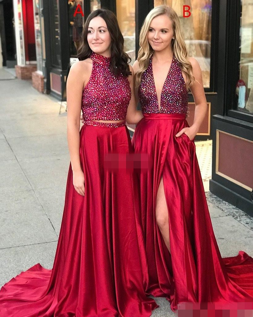 Red Two Beaded Piece Prom Dresses Halter Plunging V Neck Satin Sweep Train High Slit Custom Made Formal Evening Gown Plus Size