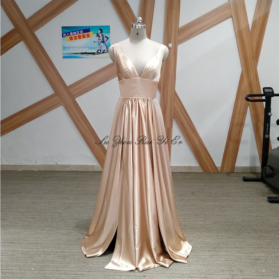 Golden Satin Bridesmaid Dresses For Women's Wedding V-neck Wedding Guest Dress Lady Honor High Split A-line Party Gown Cheap