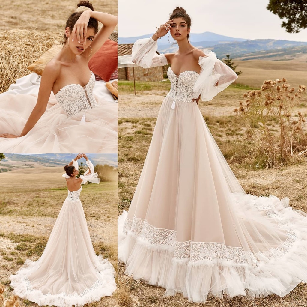 Line Romantic A Lace Beach Wedding Dresses Sweetheart Neck Long Sleeves Bohemian Bridal Gowns Tulle Sweep Train Ruffled Robe De Marie