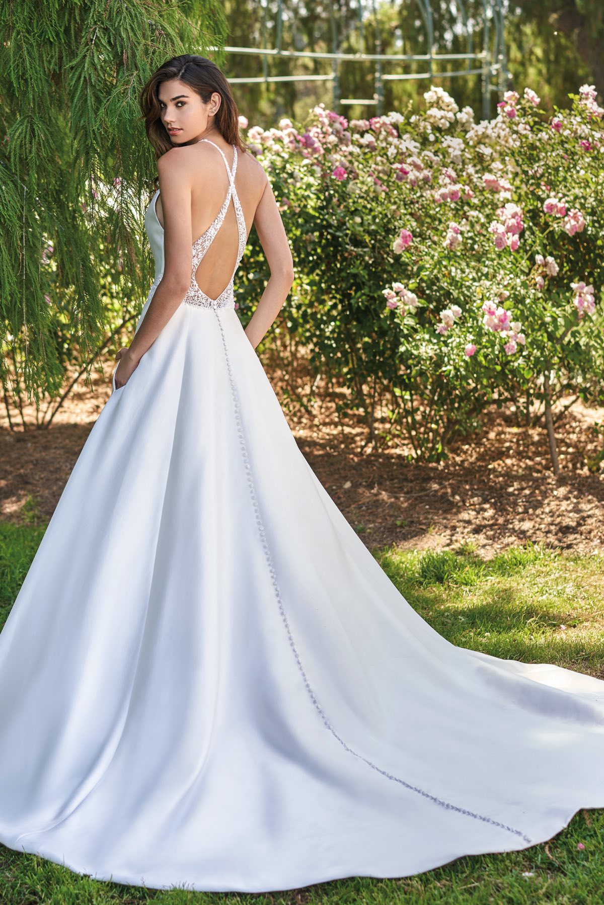 jasmine satin a line wedding dresses high neck sleeveless bridal gowns simply new fashion lace appliques backless wedding dress