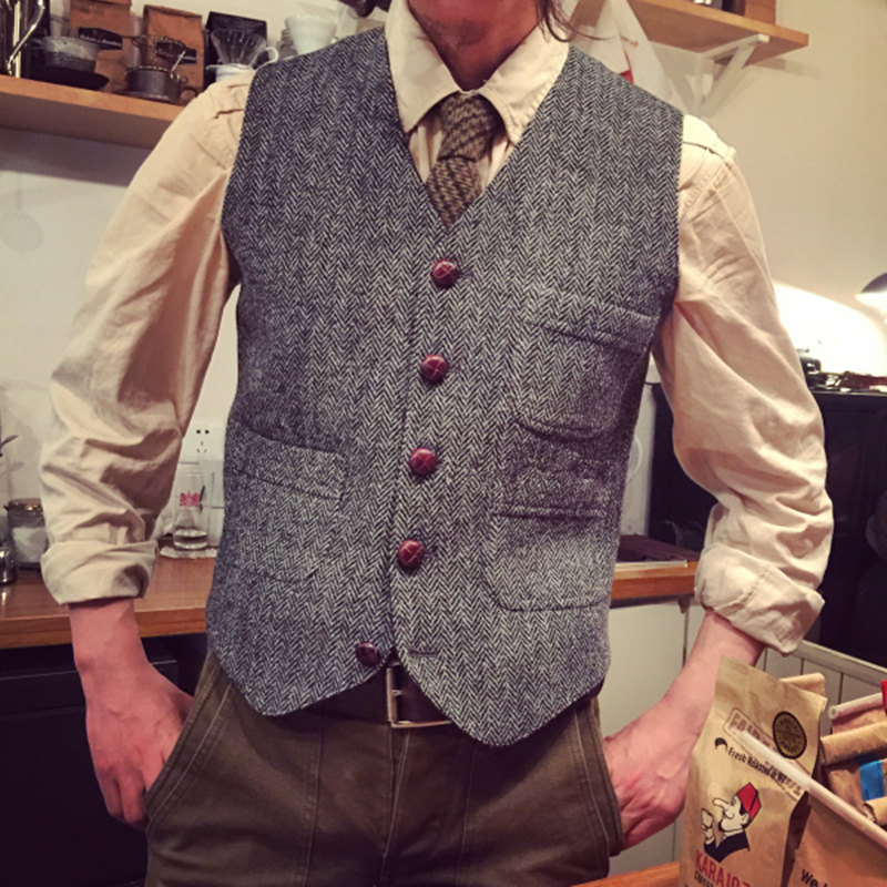 2020 Blue Groom Vests Attire For Wedding Bestmen Wool Herringbone Tweed Custom Made Slim Fit Mens Suit Vest Farm Prom Dress Waistcoat