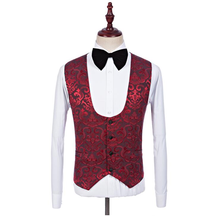 Burgundy Printed Wedding Tuxedos Shawl Lapel Wine One Button Groom Men Suits Wedding Prom Dinner BestMan Blazer(Jacket+Bow+Vest+Pants)