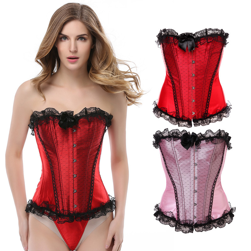 Lace Ruffle Trim Overbust Corset Top Women Fashion Satin Plastic Boned Corselet Plus Size S-6XL Sexy Lace-up Corset with Bows / Dots, Pink with dots
Lace Ruffle Trim Overbust Corset Top Women Fashion Satin Plastic Boned Corselet Plus Size S-6XL Sexy Lace-up Corset with Bows / Dots, Pink with dots