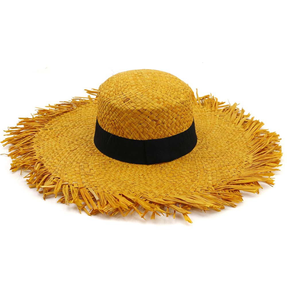 Female HandKnitted Sun Protection Visor Lafite Straw Hat Big Brim Ladies Women Beach Cap Sun Hat with Untrimmed Edges