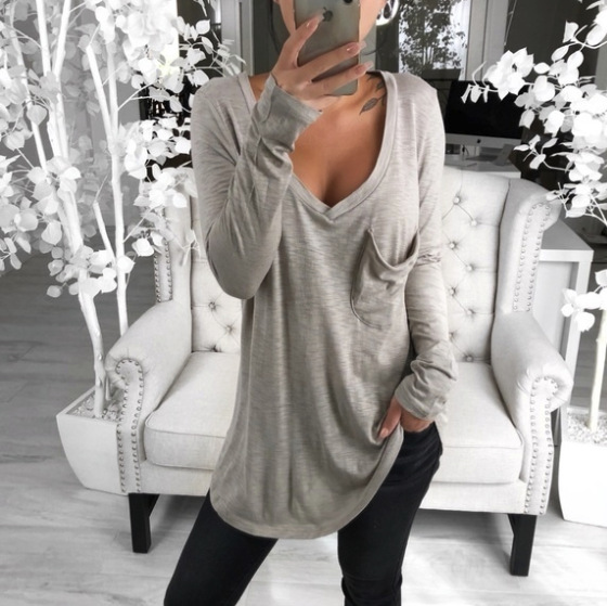 Spot 2021 European Spring and Summer Fashion Long Sleeve Sexy V-neck Solid Color Turtleneck T-Shirt Support Mixed Batch