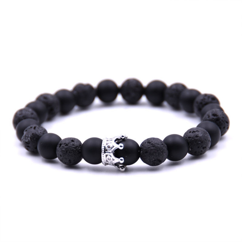 Jewelry 2pc Men's and Women's 8mm Mixed Style Crown Energy Stone Beads Elastic Bracelet Couple
