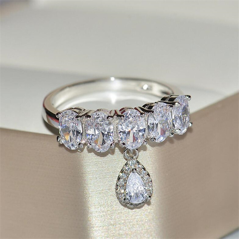 Classical Sweet Cute Lovely Jewelry 925 Sterling Silver Oval Cut White Topaz CZ Diamond Water Drop Party Engagement Wedding Band Ring Gift