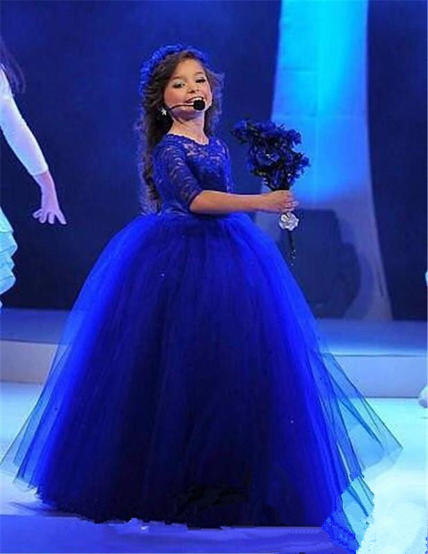 Royal Blue Ball Gown Flower Girl Dresses Half Sleeve Lace Appliques Tulle Sweet Kids Formal Pageant Girl Dresses