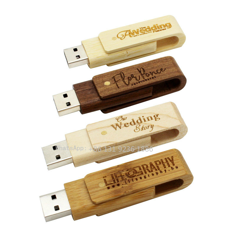 Free Custom Logo Natural Walnut USB Flash Drive 64g Swivel Usb with Square Box 4GB/8GB/16GB/32GB/128GB Memory Wood Flash Stick