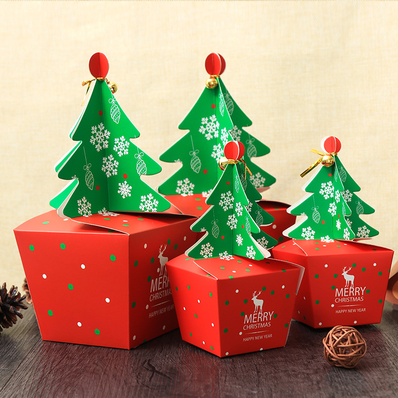 20 Pcs Lot Christmas Tree Shape Gift Box With Tied Bells 3D Candy Box Package Cartoon Printed Craft Red Wrapping Paper Box293v8085446
