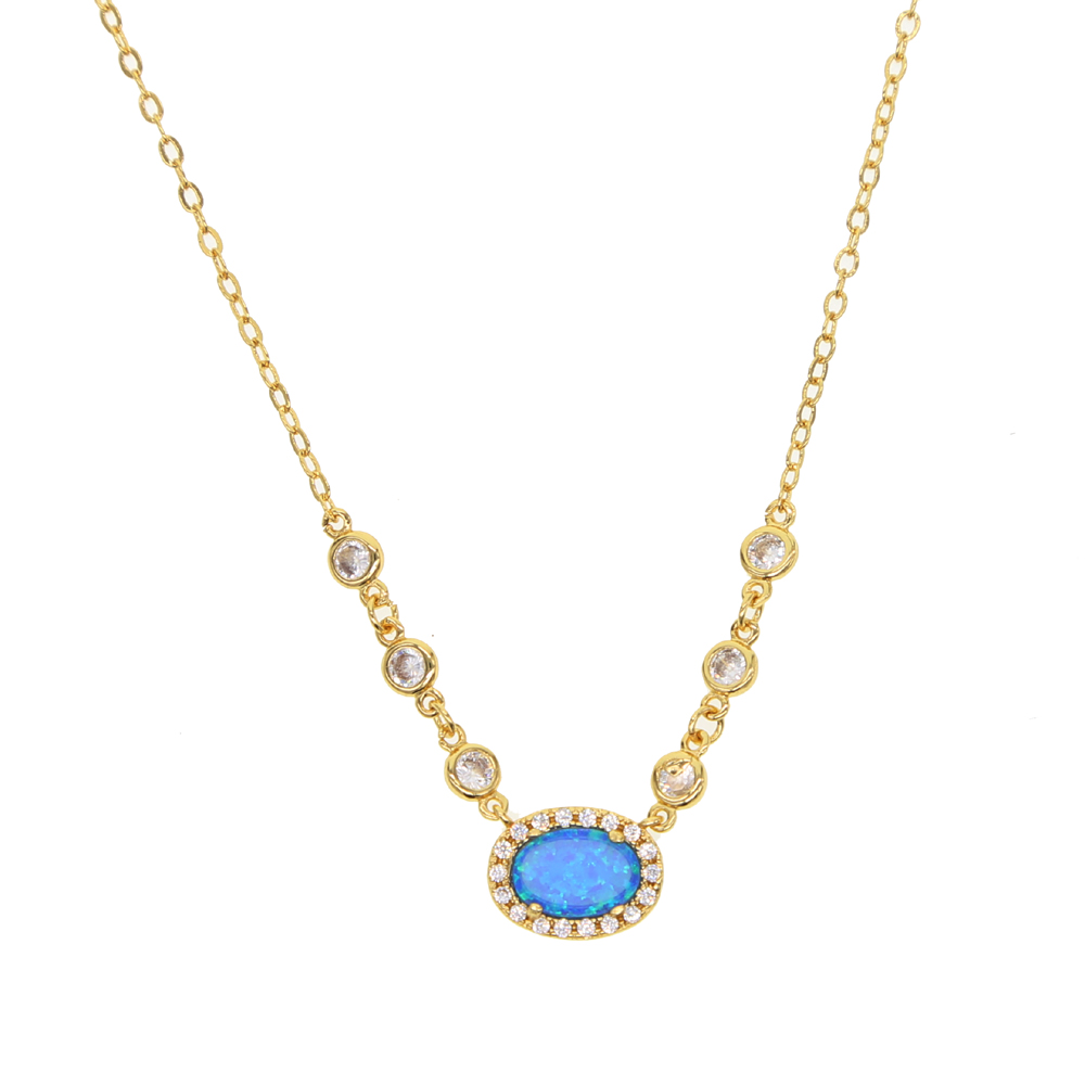 Wholesale-high quality brass fashion jewelry blue fire opal gemstone cz link chain gold silver plated collar gemstone necklace