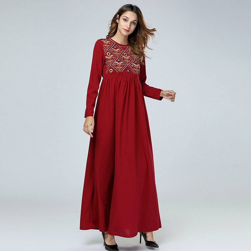 Middle East Afghani Abaya Dubai Red Muslim Dress Flowers Embroidery Kaftan Robe Turkish Islamic Plus Size Clothing Long Dresses
