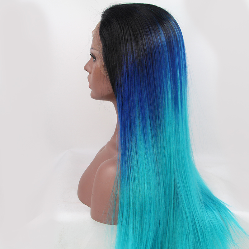 Beauty Long Straight middle part Ombre Lace Front Wig Dark Roots Ombre Blue Synthetic Heat Resistant Full Wigs