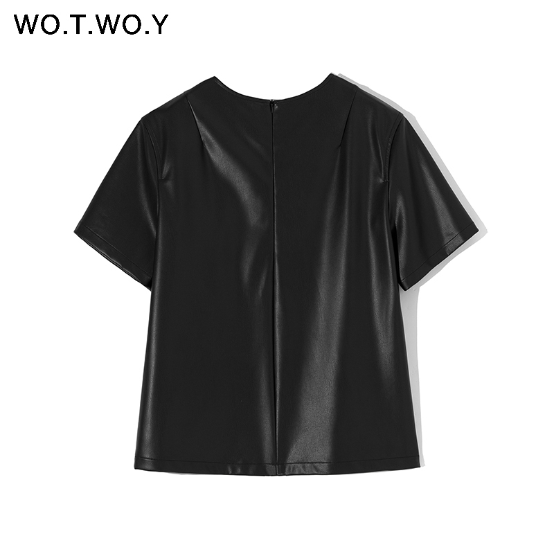 WOTWOY Spring Summer faux leather Women Tshirt Back Zipper Casual Faux Leather Black Female Tshirt Oneck Tops Women T200614