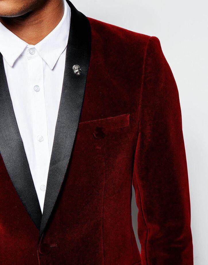 Trend Color Burgundy Velvet Fabric Bridegroom Two-Piece Suits (Blazer+Pant) Wedding Formal Tuxedos Business Professional Clothing Sets