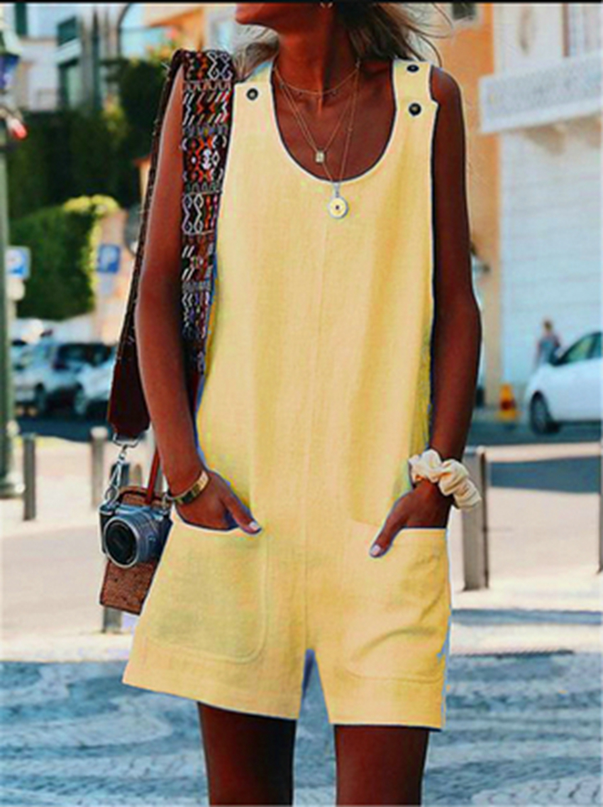 Jumpsuits European spring and summer fashion pocket button solid color round neck casual street jumpsuit support mixed batch