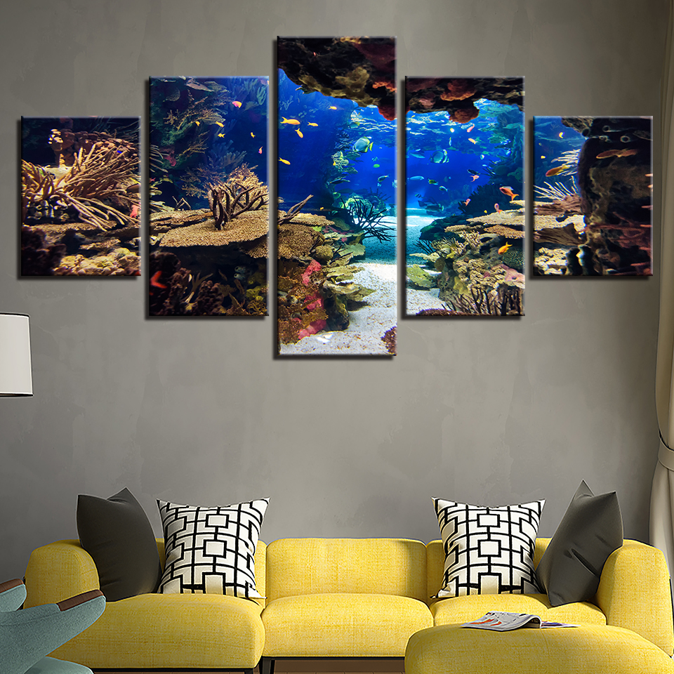 Canvas Wall Art Pictures Home Decor Room 5 Pieces Underwater Sea Fish Coral Reefs Paintings HD Prints Seascape Posters(No Frame)