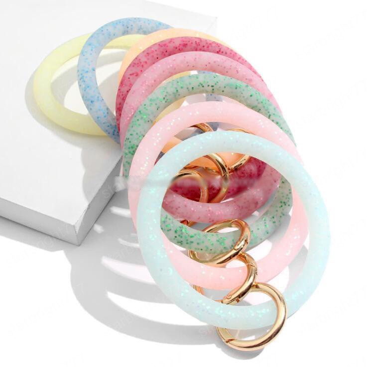 2020 Fashion Shiny Silicone O Bracelet Keychain Women Gift Circle Exaggerated Circle Wrist Keyring Colorful Glitter Bracelet Keychains