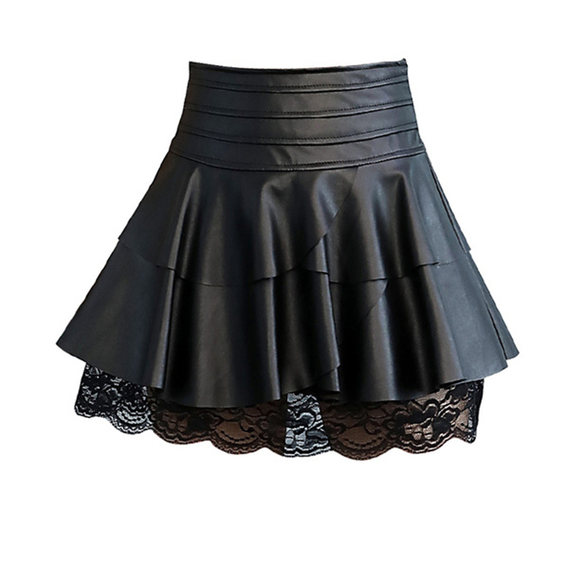 Womens Ruffles High Waist Skirt Autumn Female Sexy Party Black Pu Leather Short Skirts Lace Patchwork Mini Tutu Skirts Plus Size Y19042602