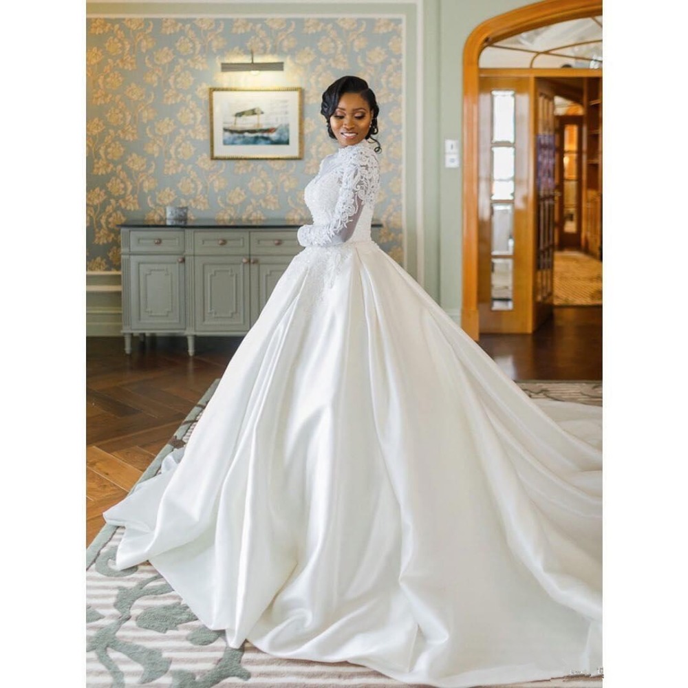 Lace Long African Sleeves Beaded Wedding Dresses High Neck Sequined Bridal Gowns A Line Court Train Appliqued Satin Robe De Marie ppliqued