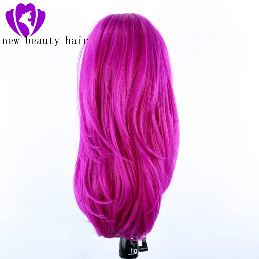 Pink color Synthetic Lace Front Wig Long straight Wigs For Women Heat Resistant Fiber Glueless Natural Hairline Cosplay Wig 26''