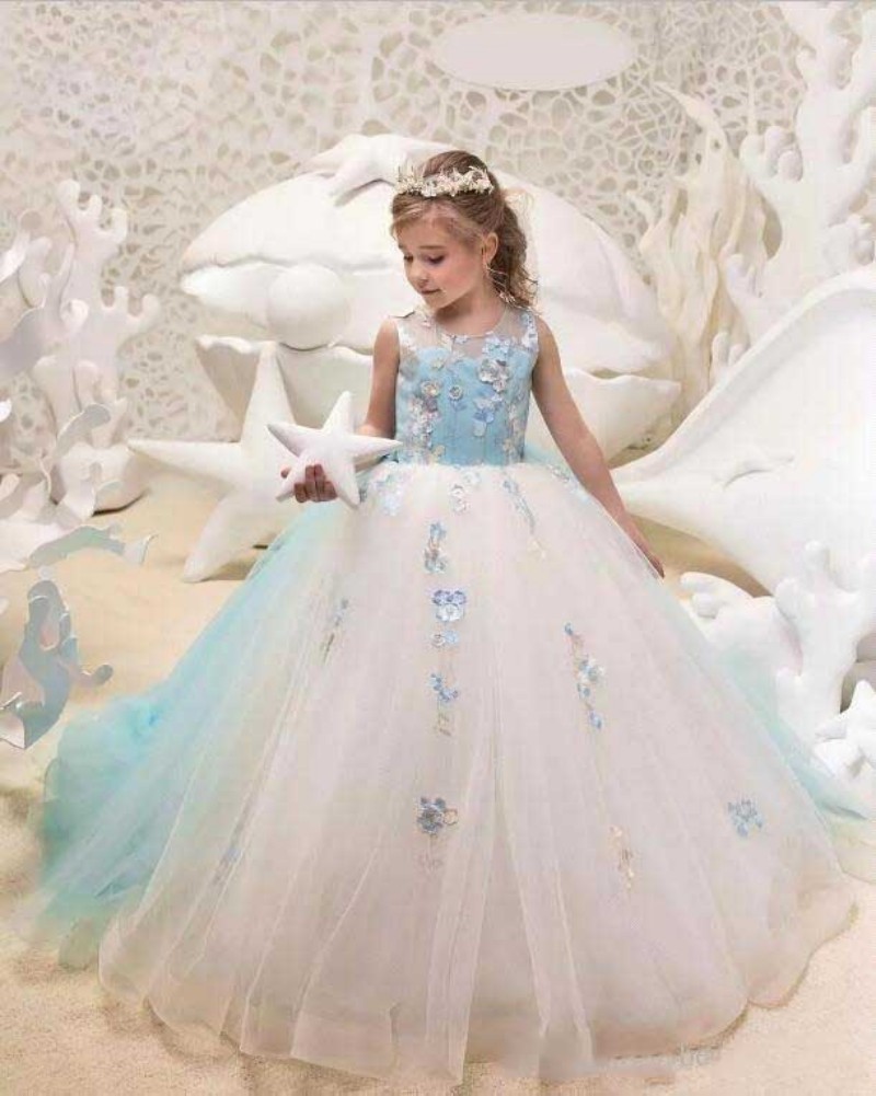 2020 Wathet Ball Gown Flower Girls Dresses Appliques Girls Pageant Dresses Jewel Tulle Girls Party Gowns