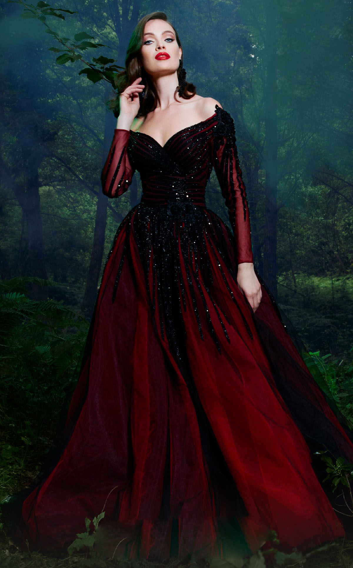 Elegant Red Prom Dresses Luxury Off Shoulder Illusion Long Sleeve Sequins Beaded Evening Dresses Bling Special Occasion Dresses