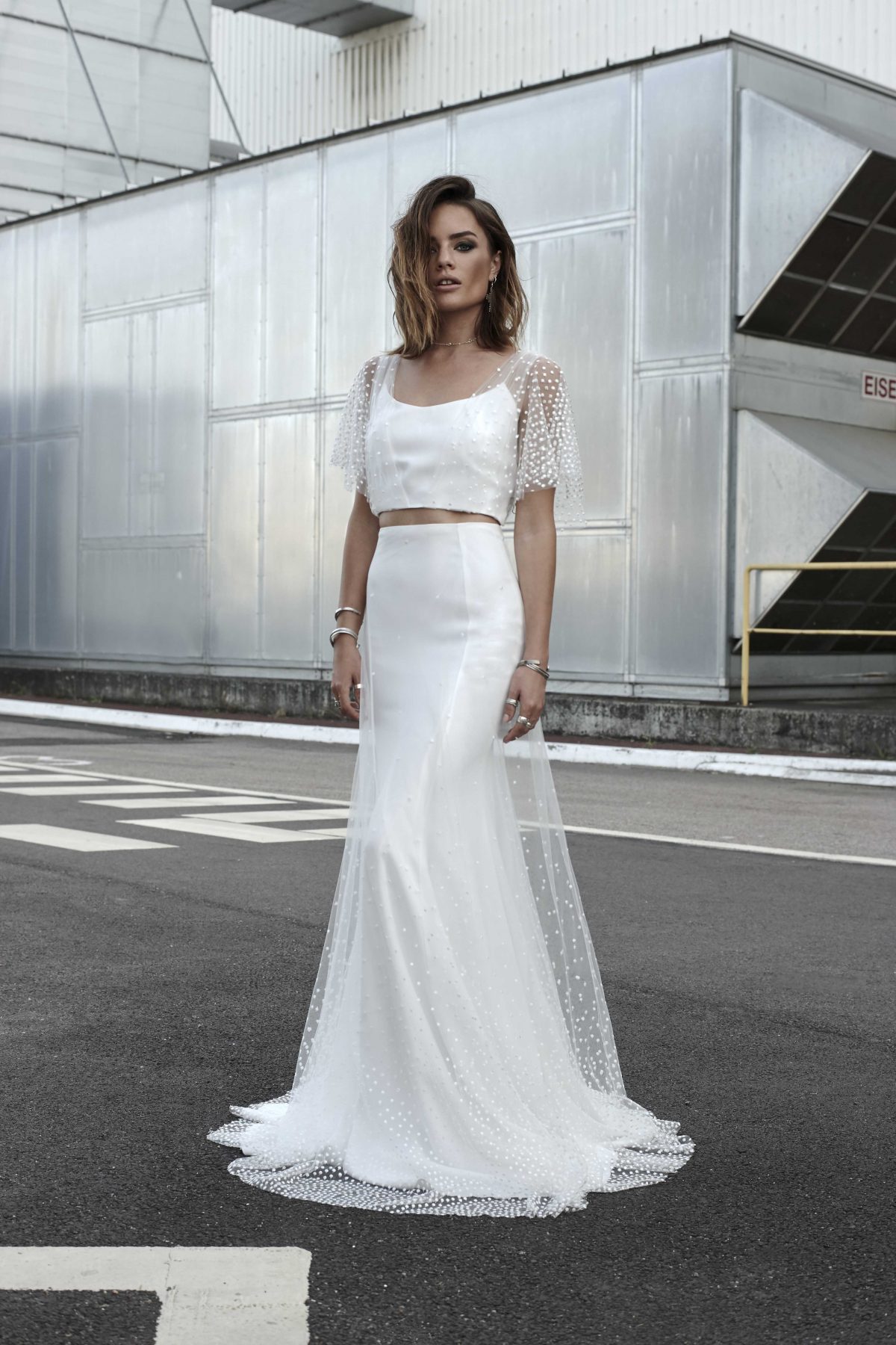 2019 Bohemia Wedding Dresses Two Pieces Square Neck Tulle With Spot Half Long Sleeve Country Wedding Dress Plus Size Mermaid Bridal Gowns
