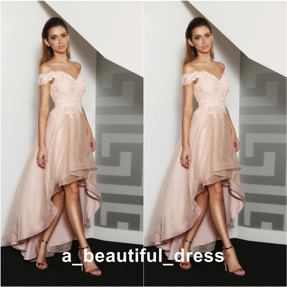 Black Off-Shoulder Prom Dresses High Low Lace Applique Party Arabic Dress Kaftan Dubai Organza Formal Evening Gowns ED1265