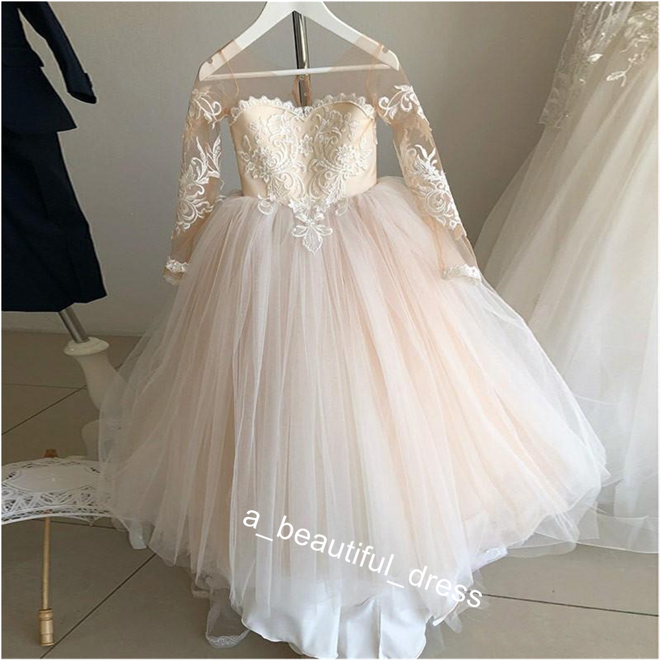 Latest Cute Jewel Flower Girl Birthday Dresses Ball Gown Sheer Neck Long Sleeve With Lace Applique Kids Girls Pageant Dresses FG1307